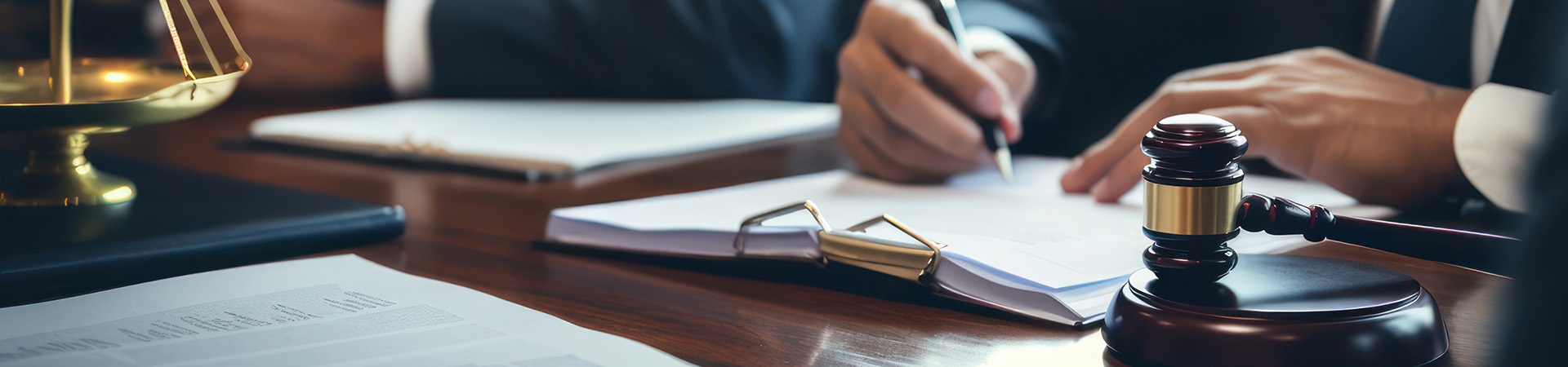 Legal documents and a judge’s gavel on a desk